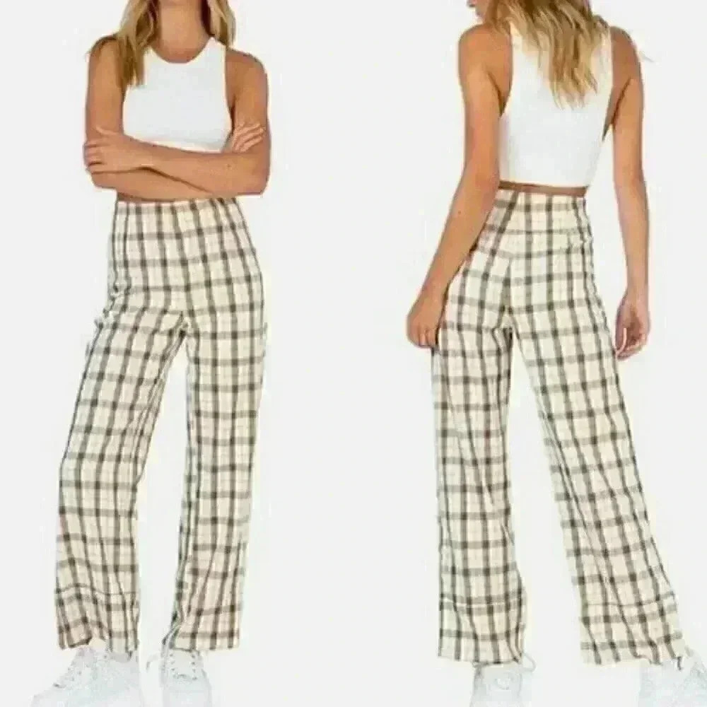 Princess Polly Cream Plaid Wide Leg Pants